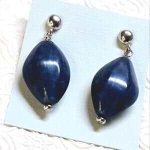 Navy Blue Silver Tone 2" Drop Post Stud Earrings NWOT